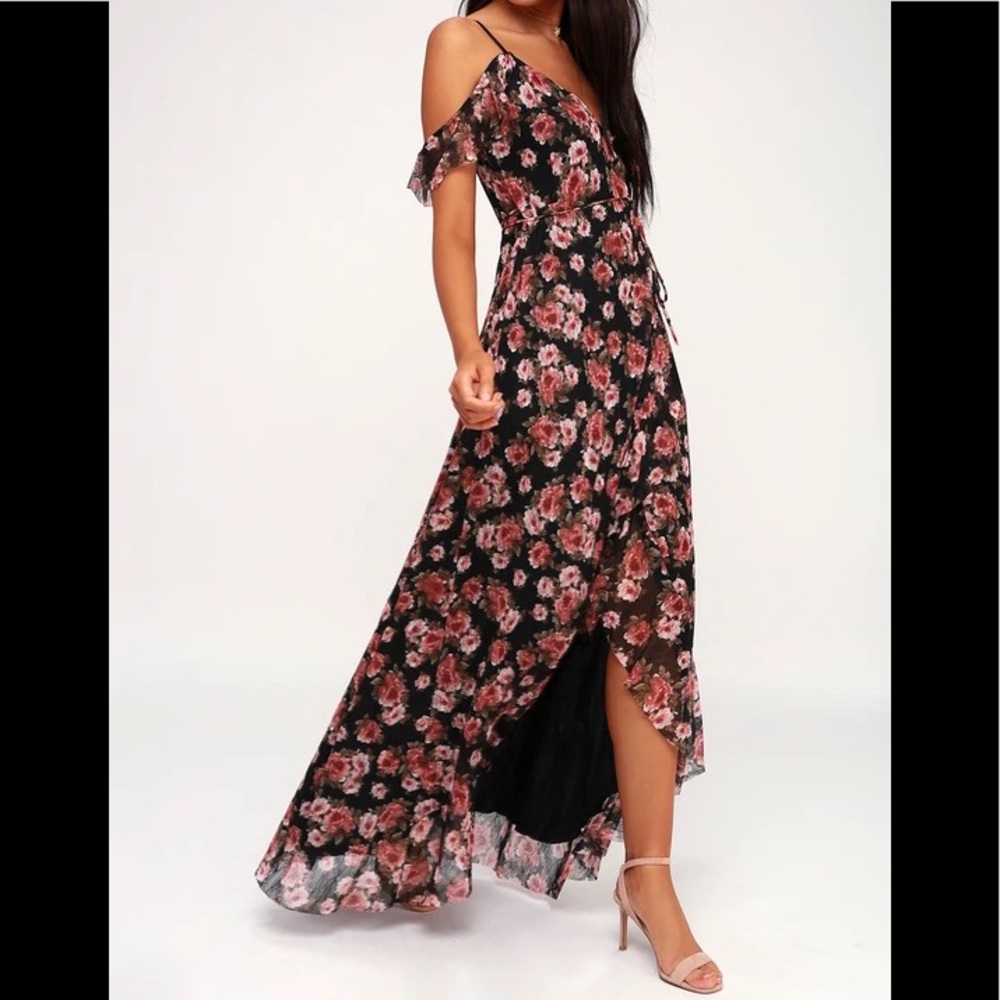 Lulus Adalynn Black Floral Print Off-the-Shoulder Wrap Maxi Dress